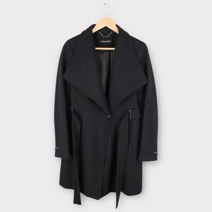 Calvin Klein Wool Blend Coat Black Single Button Draped Collar Women's Medium